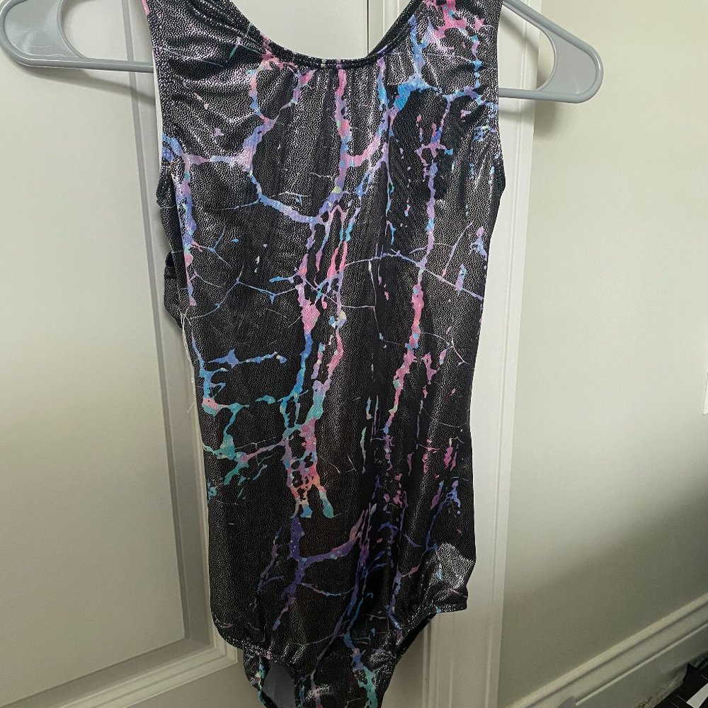 Gymnastics Leotard (Black/Color Stripes, Size 14, Brand: TFJH E)